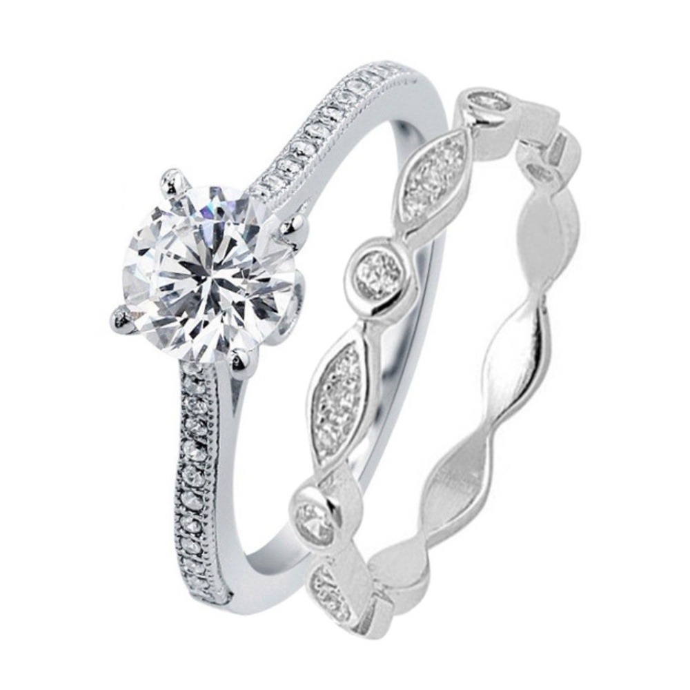 Solid Sterling Silver Engagement Wedding Ring Set
